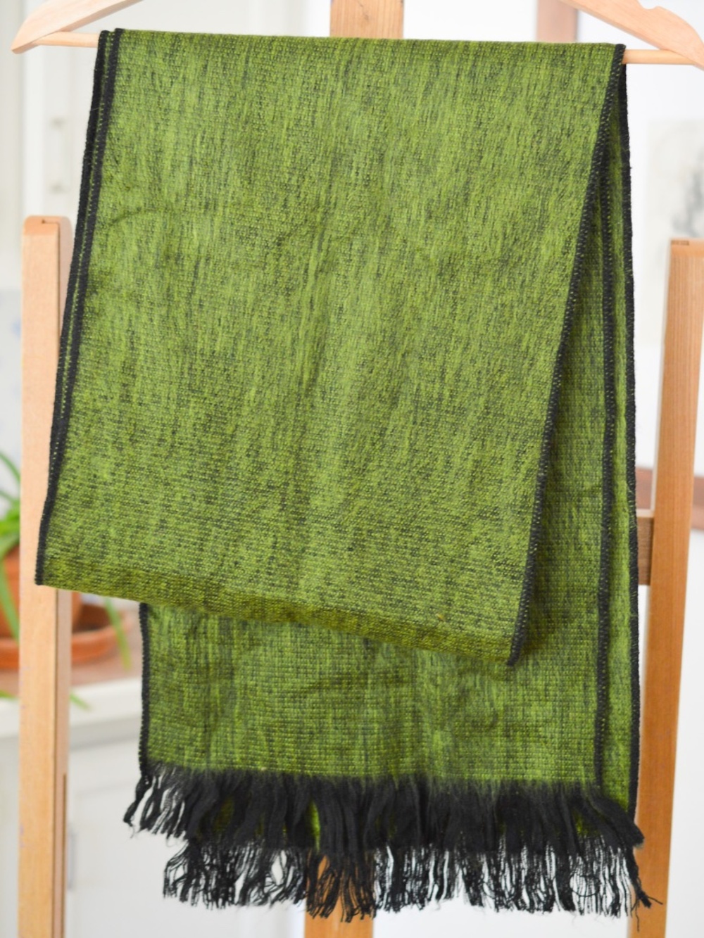 Artisan Heathered Green Alpaca and Wool Scarf with Black Fringe